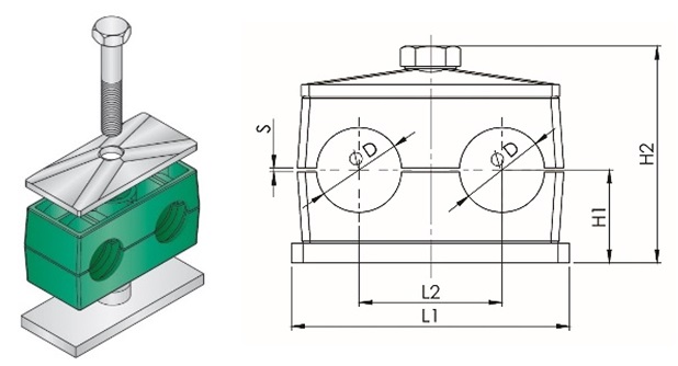 IMPA 613994 — Clamp tube polypropylene, w/weld plate twin 6mm 