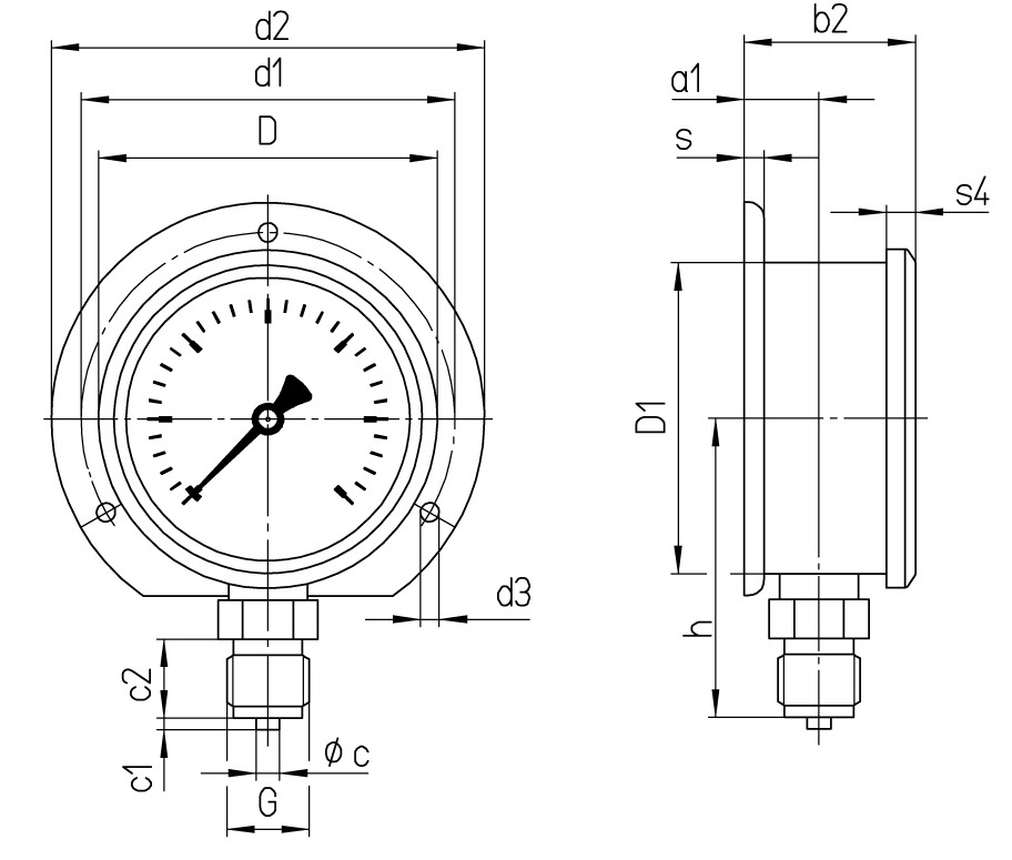 IMPA 653157 — Gauge pressure w/glycerine, bottom/back -1-5bar 63mm g1/4"