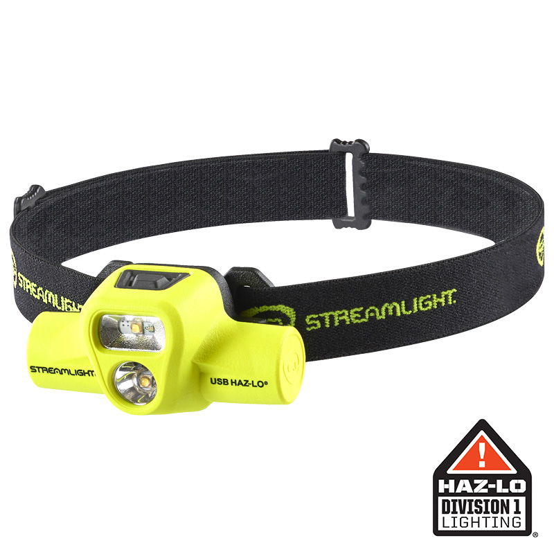 Streamlight USB HAZ-LO Headlamp - 120V AC - Includes charge cradle, rubber hard hat strap, elastic head strap, 3M® Dual Lock® - Box - Yellow
